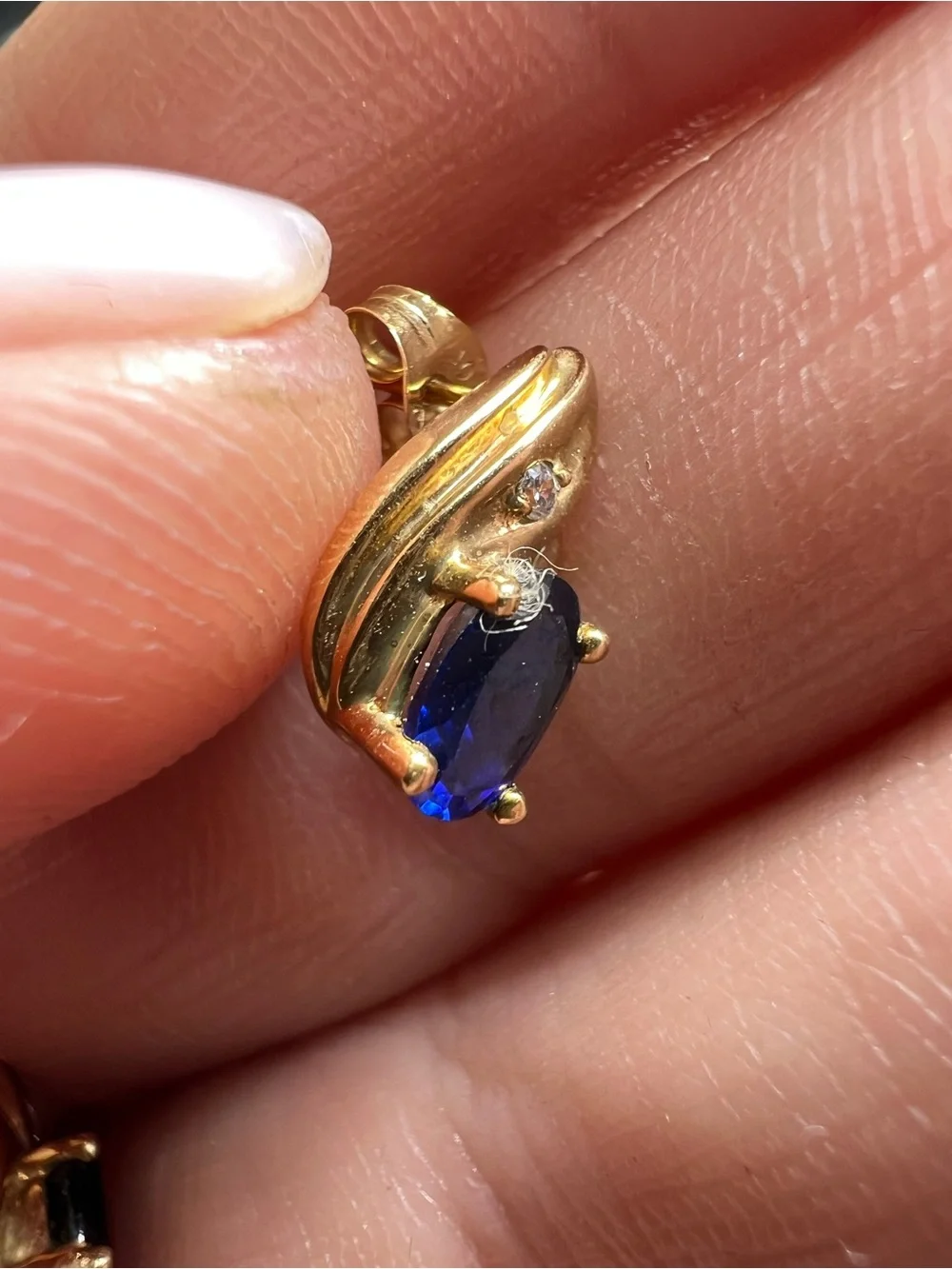 10K Gold Blue Sapphire Oval Stud Earrings with CZ Accent